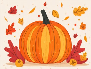 Naklejka premium Autumn pumpkin design with colorful leaves and simple background