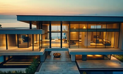 Modern Architecture House Design with Large Windows and Ocean Views at Sunset