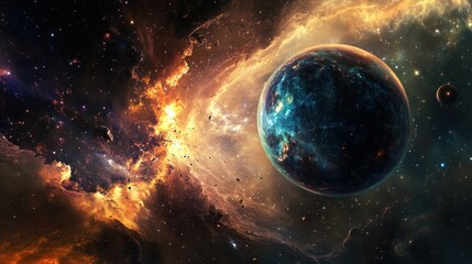 Obraz premium A Planet In A Starry Nebula With Orange And Yellow Clouds