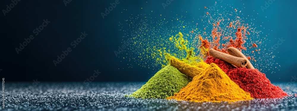 Poster an artistic representation of spices as abstract splashes of color.