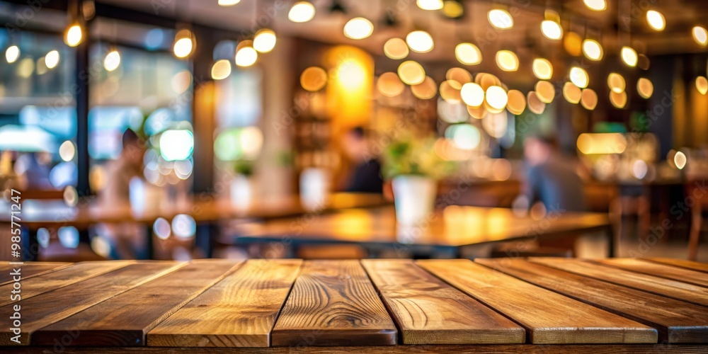 Poster close up of a wooden table in a cafe with a blurred bokeh background, selective focus