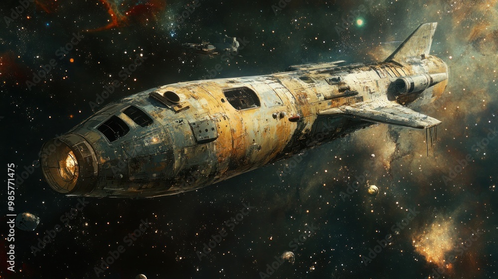Poster a weathered spaceship traverses a starry void, leaving a trail of light in its wake.