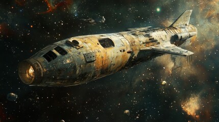 Fototapeta premium A weathered spaceship traverses a starry void, leaving a trail of light in its wake.