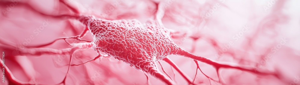 Poster a neuron showcasing detailed structures in a vibrant pink tone, representing the complexity of neura