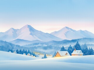 Majestic snow-covered mountains in the distance, glowing Christmas village nestled in the valley, watercolor