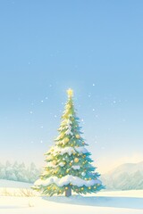 Naklejka premium Snowy Christmas forest clearing, giant decorated tree glowing, twinkling lights, watercolor style