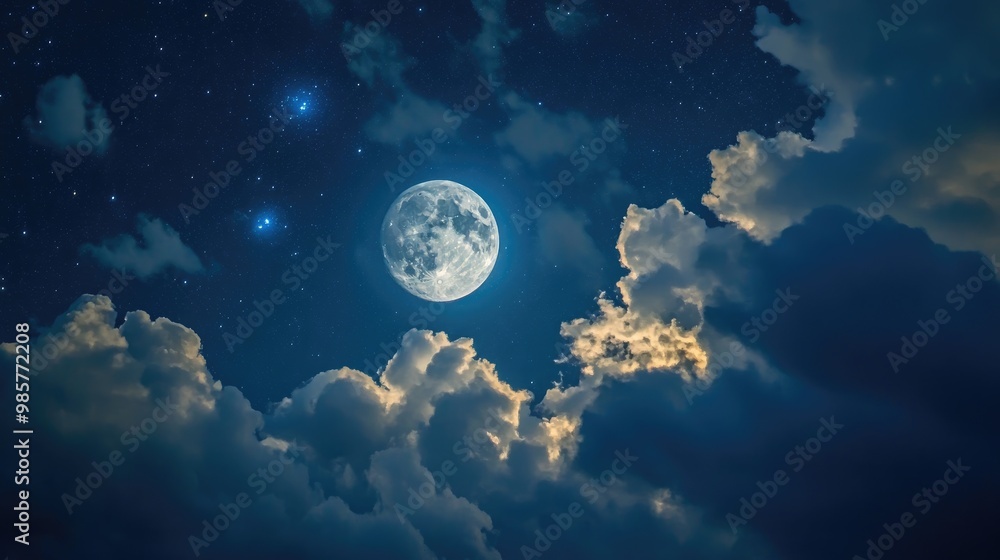 Wall mural Moonlit clouds and starry night