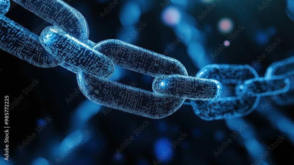 Poster a close-up of a digital chain composed of interconnected nodes
