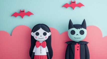 Fototapeta premium Friendly vampire and werewolf kids, pastel sky, space for text, 3D illustration, closes up