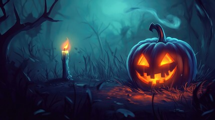 Halloween themed banner featuring a glowing pumpkin and candle in a horizontal layout