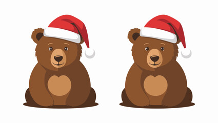Fototapeta premium Two adorable cartoon bears wearing Christmas hats, perfect for holiday themes and festive designs.