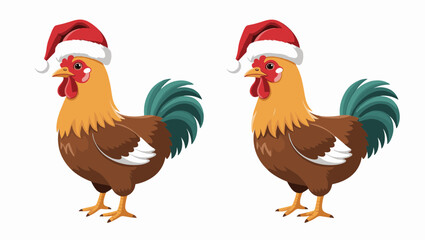 Fototapeta premium Two festive roosters wearing Santa hats, perfect for holiday themes and cheerful farm imagery.