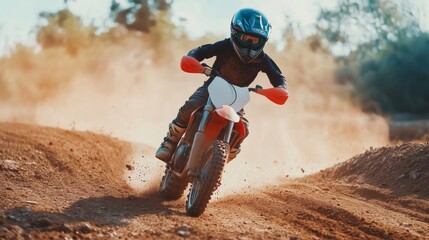 Boys play motocross on a steep, dusty, action-packed dirt track