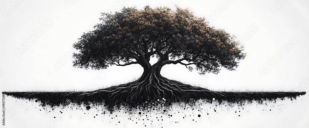 Poster a large tree with a dark, thick trunk and spreading branches, showcasing its extensive root system a