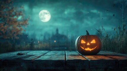 Naklejka premium Halloween Scene with Pumpkin on Wooden Table under Moonlight