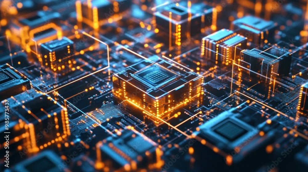 Poster glowing circuit board with central processing unit