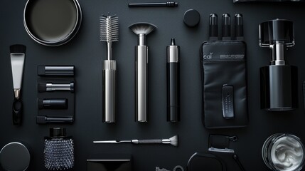 Fototapeta premium Luxury Mustache Grooming Kit Ad - Professional Tools on Dark Reflective Surface for Premium Design
