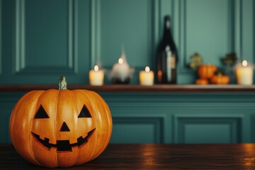 Obraz premium Halloween table with pumpkins, candles, and cobwebs, space for text, 3D illustration, closes up