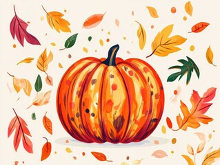 Naklejka premium Autumn pumpkin design with colorful leaves and simple background
