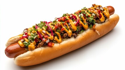 Footlong Gourmet Hot Dog with Colorful Toppings.