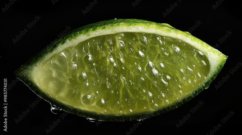 Poster a close-up view of a sliced lime with water droplets