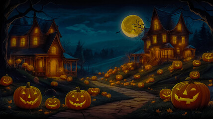 Fototapeta premium Halloween night, glowing pumpkins, haunted castles, full moons, beetles and bats.