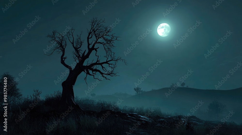 Wall mural Moonlit night landscape with silhouette of a dead tree and bright moonlight serene nature scene outdoors