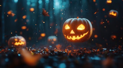 Fototapeta premium levitating glowing pumpkins on dark background