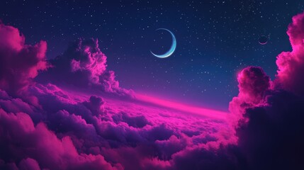 Obraz premium Magenta Night Sky with Moon and Clouds