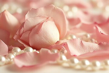 A single pink rosebud surrounded by petals and pearls.