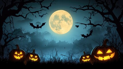 Fototapeta premium spooky Halloween scene with glowing pumpkin lanterns full moon and bat