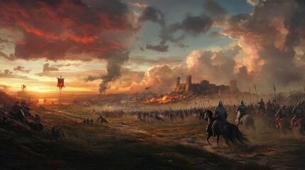 A medieval army charging towards a burning castle at sunset.