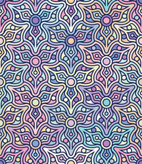 Seamless floral pattern. Intricate geometric lattice with multicolored abstract flowers in pastel colors. Modern style. Vector illustration.