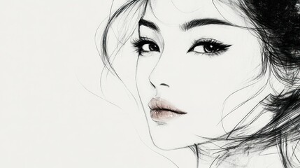 Naklejka premium Close-up Pencil Sketch of a Woman's Face with Long Hair