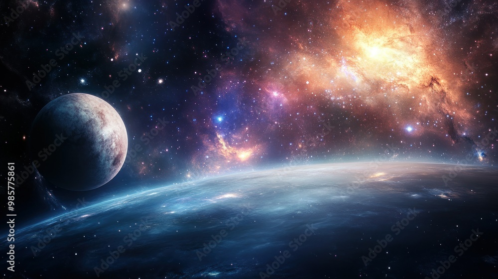 Aufkleber a distant planet orbiting a star system with a nebula