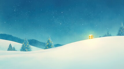A single glowing present resting in the snow under a starry night sky