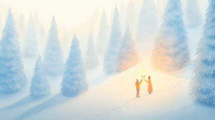 Two people discovering a glowing heart-shaped gift together in a snow-covered forest