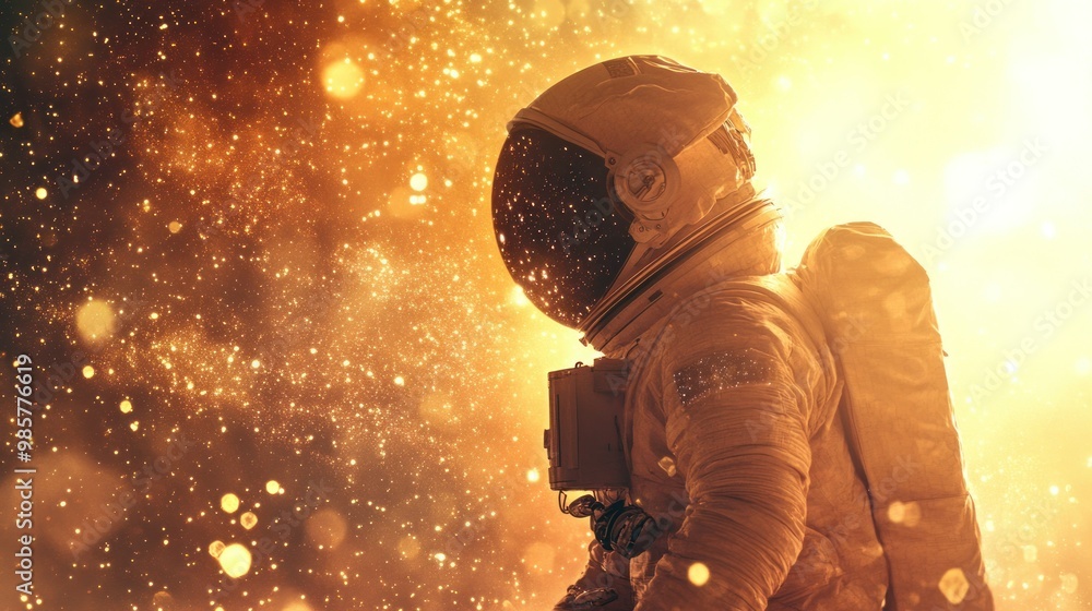 Poster astronaut in a spacesuit against a glittering starry background
