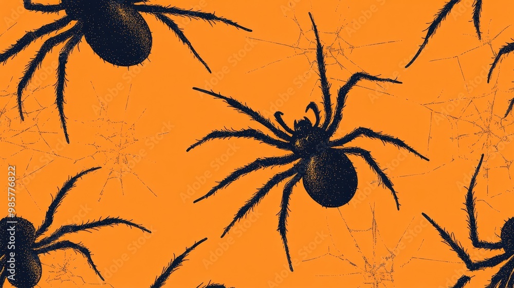 Sticker Seamless pattern featuring black spider on orange background