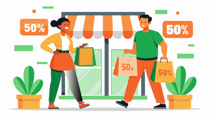 Hombre y mujer sosteniendo bolsas con el símbolo de 50% de descuento frente a una tienda, conversando sobre las ofertas.