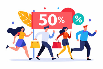 Fototapeta premium Cuatro personas corriendo bajo un cartel de 50% de descuento, destacando una oferta especial.