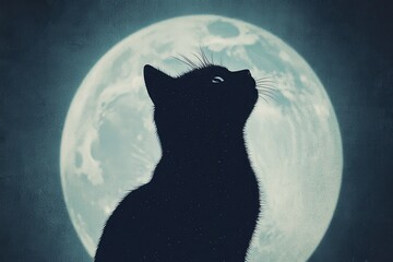 Halloween silhouette of a black cat with arched back, moonlit night, 3D illustration