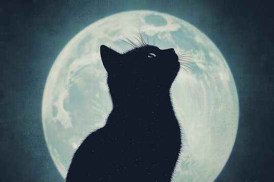Halloween silhouette of a black cat with arched back, moonlit night, 3D illustration