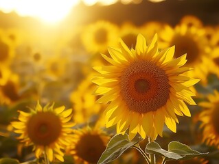 A single sunflower facing the sun in a field of sunflowers at sunset.
