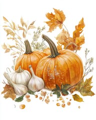 Naklejka premium Autumn still life with pumpkins garlic and leaves on white background