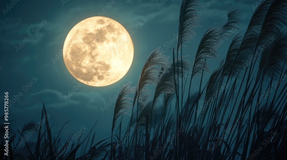 Poster Pampas grass silhouette against a full moon serene scene capturing ethereal beauty of nature under night sky