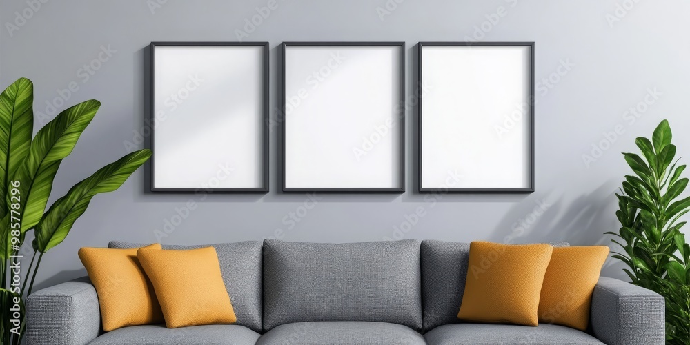 Poster a mockup of three blank frames hanging above a gray sofa with yellow throw pillows. the frames could