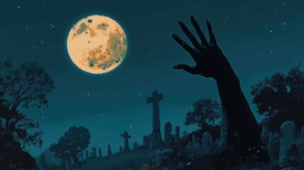 Naklejka premium Halloween cemetery night scene with hand reaching towards the moon