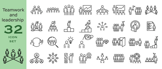 Workshop and teamwork line icons set. 32 Icons of teamwork, cooperation, partnership, leadership. Vector illustration.
