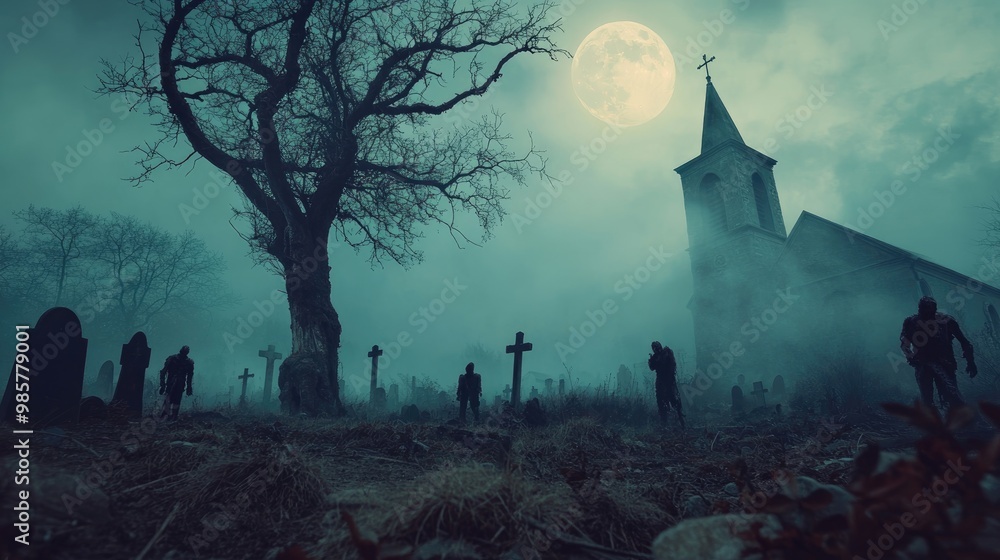 Canvas Prints Creepy cemetery scene featuring zombies a dead tree moon church and a foggy spooky sky with selective focus